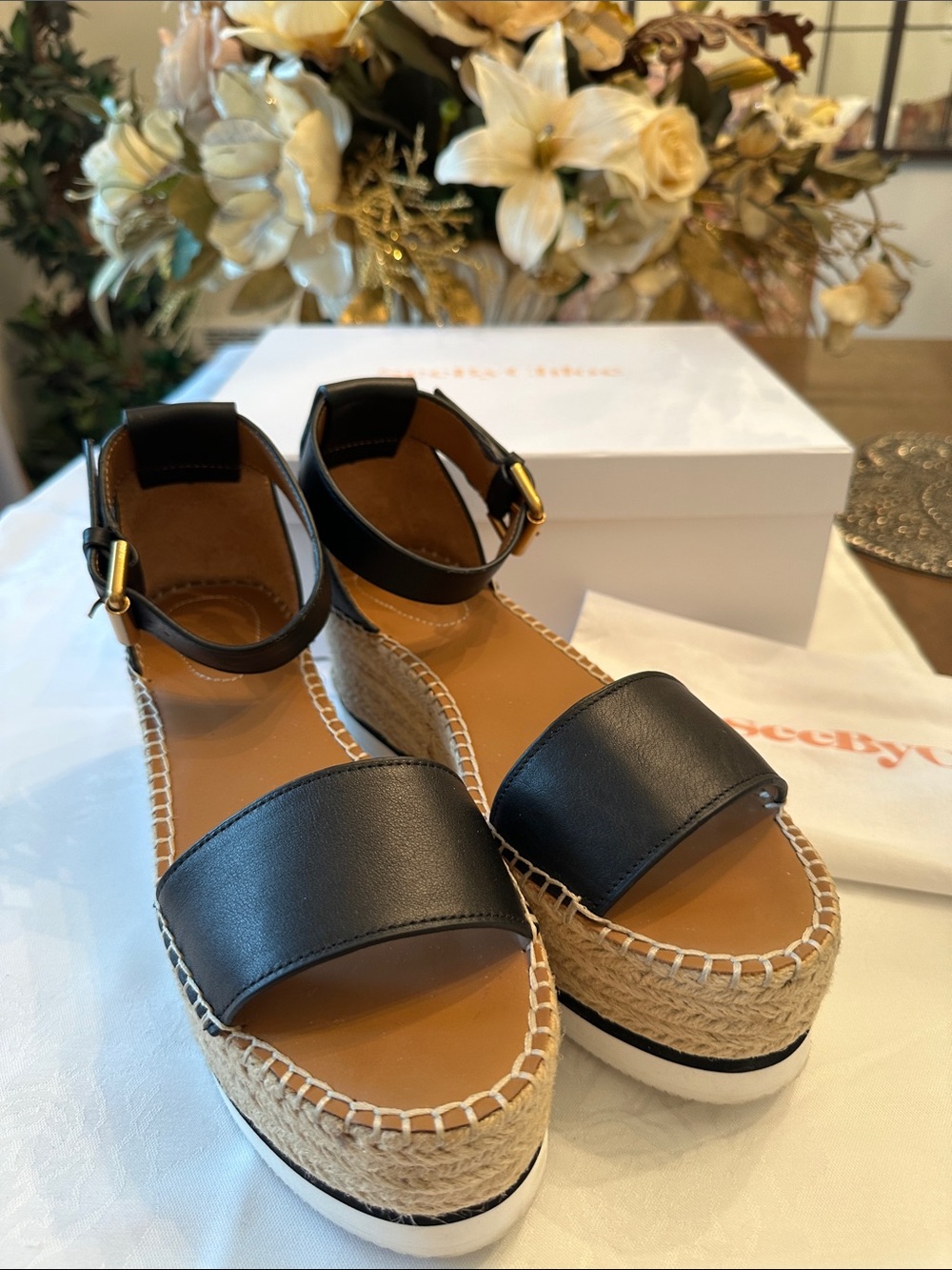 See By Chloé Black Leather Platform Espadrille Sandals